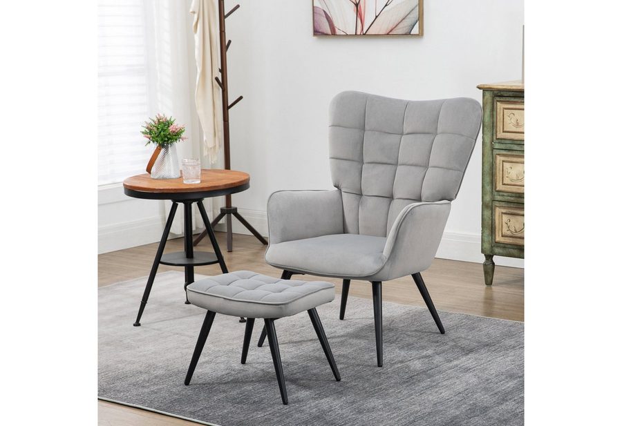 HOMCOM Ohrensessel mit Hocker, Relaxsessel, Loungesessel mit Samtoptik von HOMCOM