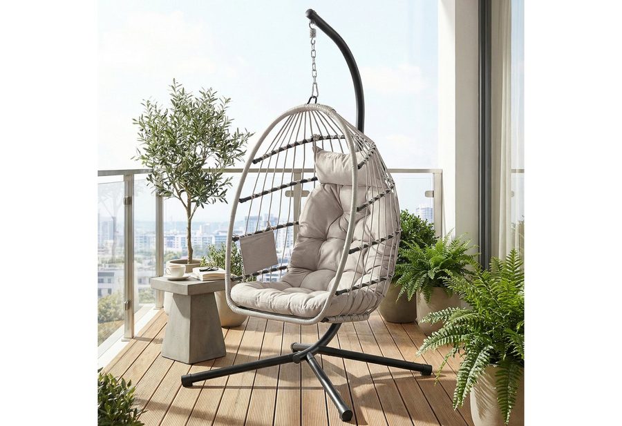 SONGMICS Hängesessel mit Kissen Ei-Design Balkon & Garten inkl. Zubehörpaket & Anleitung, Outdoor, höhenverstellbar, mit Gestell, Kissen, Korbsessel, Korb von SONGMICS