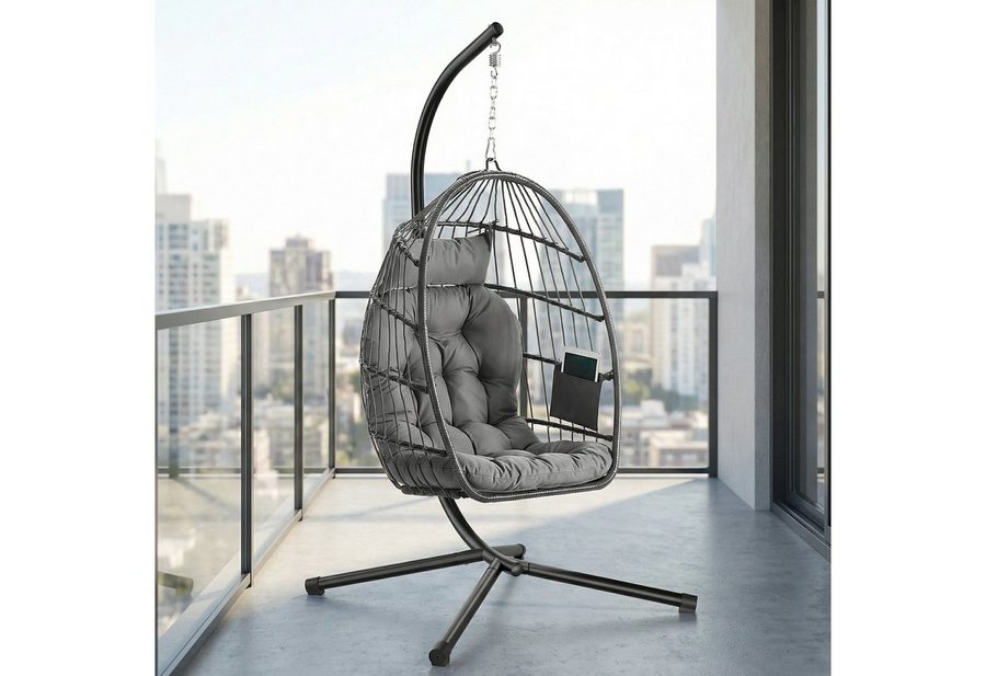 SONGMICS Hängesessel mit Kissen Ei-Design Balkon & Garten inkl. Zubehörpaket & Anleitung, Outdoor, höhenverstellbar, mit Gestell, Kissen, Korbsessel, Korb von SONGMICS