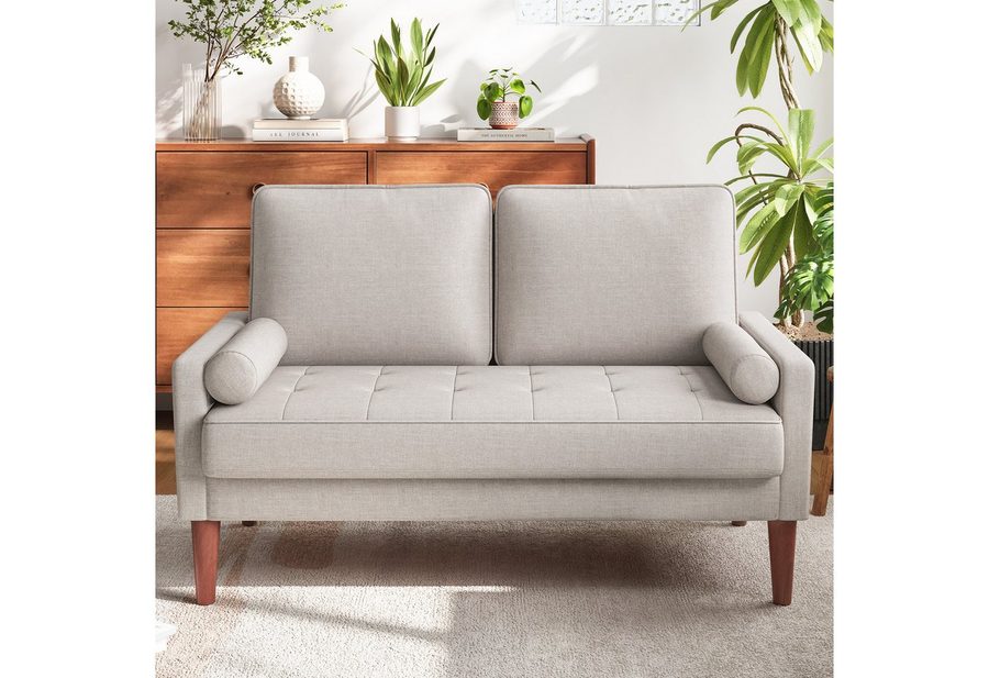 OUNUO Sofa 121cm Kleines Loveseat Sofa Couch aus Samt und Leinen mit 2 Zierkissen von OUNUO