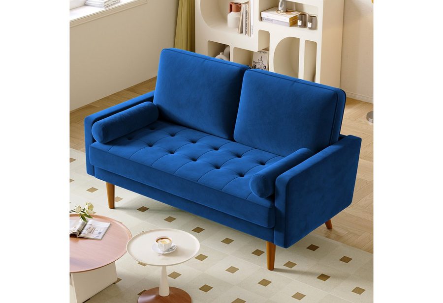 OUNUO Sofa 121cm Kleines Loveseat Sofa Couch aus Samt und Leinen mit 2 Zierkissen von OUNUO