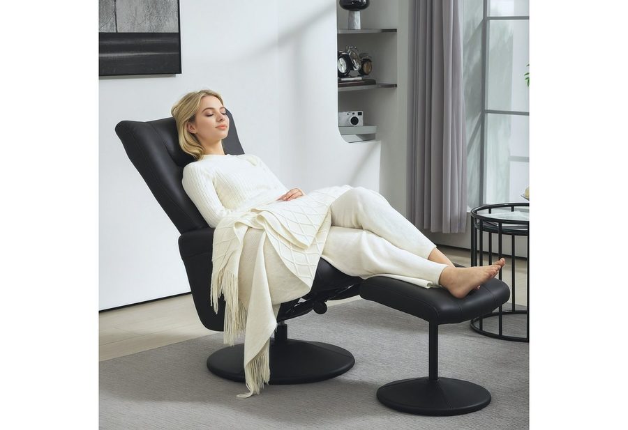 HOMCOM Relaxsessel Hocker 360° drehbarer TV-Sessel mit Liegefunktion (Fernsehsessel, 1-St., Ruhesessel mit Verstellbar Rückenlehne), bis 150 kg belastbar für Wohnzimmer Kunstleder, Schwarz von HOMCOM
