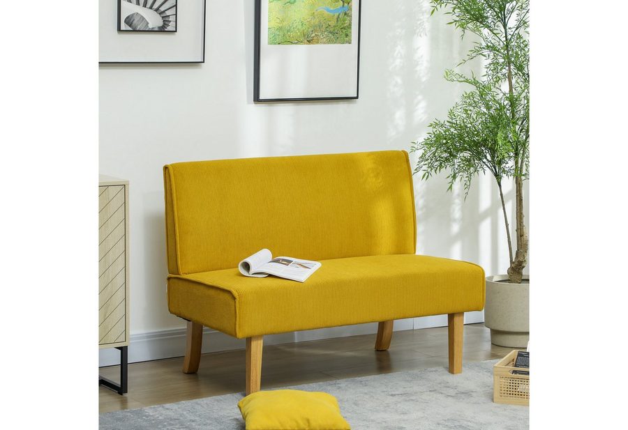 HOMCOM 2-Sitzer Sofa, Couch mit Cord-Optik, Holzbeine, Gepolsterter Polstersofa, 1 Teile, für Schlafzimmer, Wohnzimmer, 110 x 62 x 85 cm, Gelb von HOMCOM