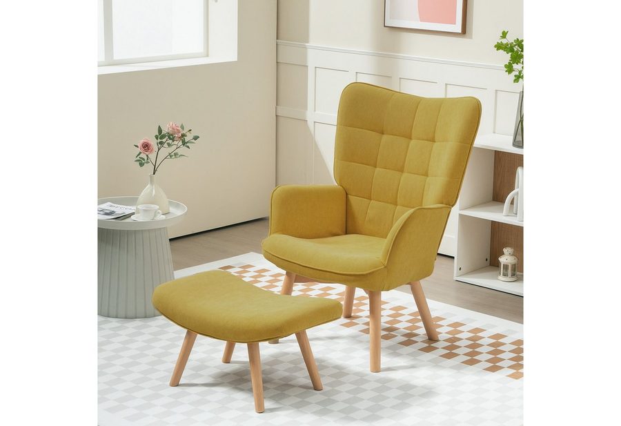 HOMCOM Relaxsessel Ohrensessel, Modern Armlehnensessel, Lesesessel, Schlafzimmer (Sessel mit Hocker, 2-St., Loungesessel), mit getuftetem Design, Cord-Optik, für Wohnzimmer, Orange von HOMCOM