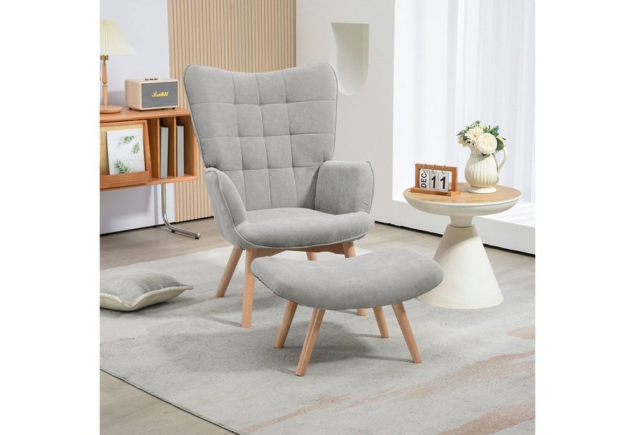 HOMCOM Relaxsessel Ohrensessel, Modern Armlehnensessel, Lesesessel, Schlafzimmer (Sessel mit Hocker, 2-St., Loungesessel), mit getuftetem Design, Cord-Optik, für Wohnzimmer, Grau von HOMCOM