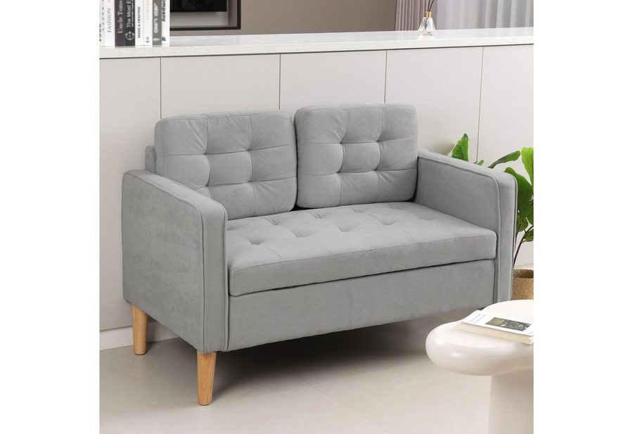 HOMCOM HOMCOM 2 Sitzer Sofa, Gepolstert Couch mit Stauraum, Holzbeine, Hellgrau von HOMCOM