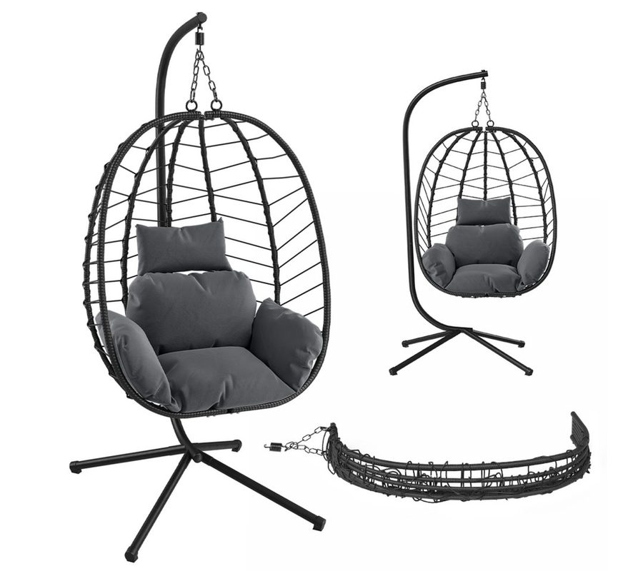 STEELSØN Hängesessel Alarian faltbar & höhenverstellbar, Rattan Hängekorb mit Sitzkissen (dunkelgrau/schwarz, mit Gestell und Sitzkissen, bis 150 kg belastbar), mit großem Korbsitz für indoor & outdoor, aus Polyrattan von STEELSØN