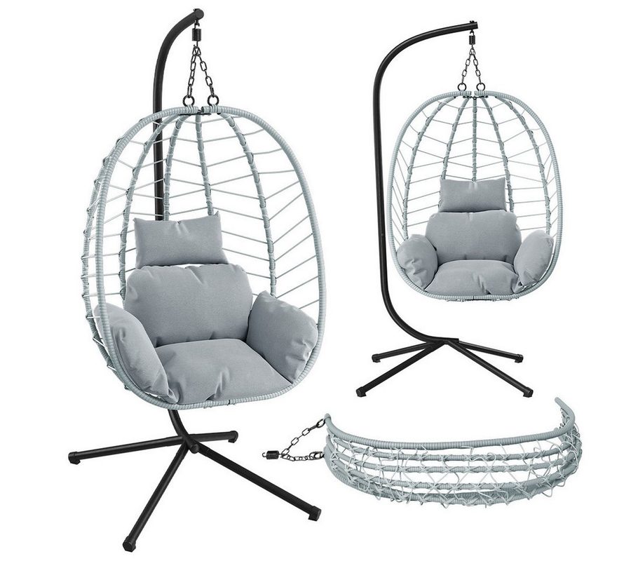 STEELSØN Hängesessel Alarian faltbar & höhenverstellbar, Rattan Hängekorb mit Sitzkissen (hellgrau/grau, mit Gestell und Sitzkissen, bis 150 kg belastbar), mit großem Korbsitz für indoor & outdoor, aus Polyrattan von STEELSØN