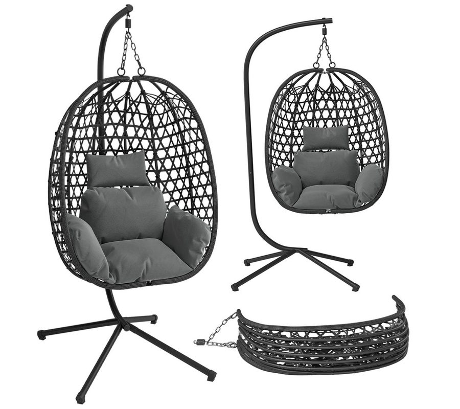 STEELSØN Hängesessel Sarin mit Sitzkissen (für 1 Person, grau, bis 150 kg belastbar), Rattan-Korb & Metallgestell, Indoor & Outdoor geeignet von STEELSØN