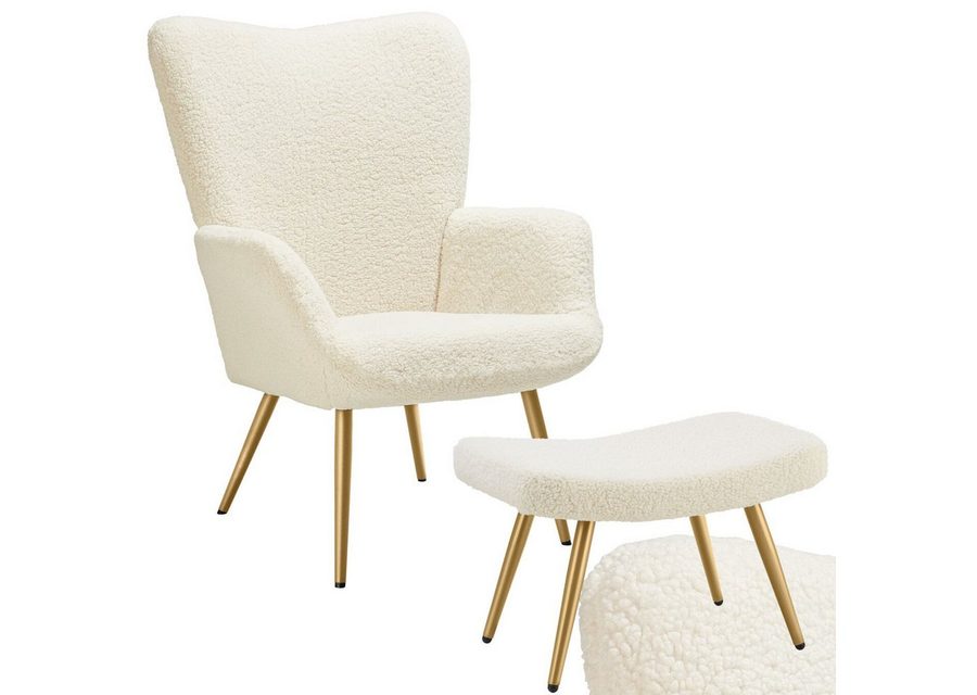 tectake Relaxsessel Polstersessel, bodenschonend, Belastbarkeit 150 kg, 72 x 76 x 100,5 (Fernsehsessel Hygge, in Bouclé Creme/Gold), gepolstert, Armlehnen und ergonomische Rückenlehne, runde Stahlbeine von TECTAKE