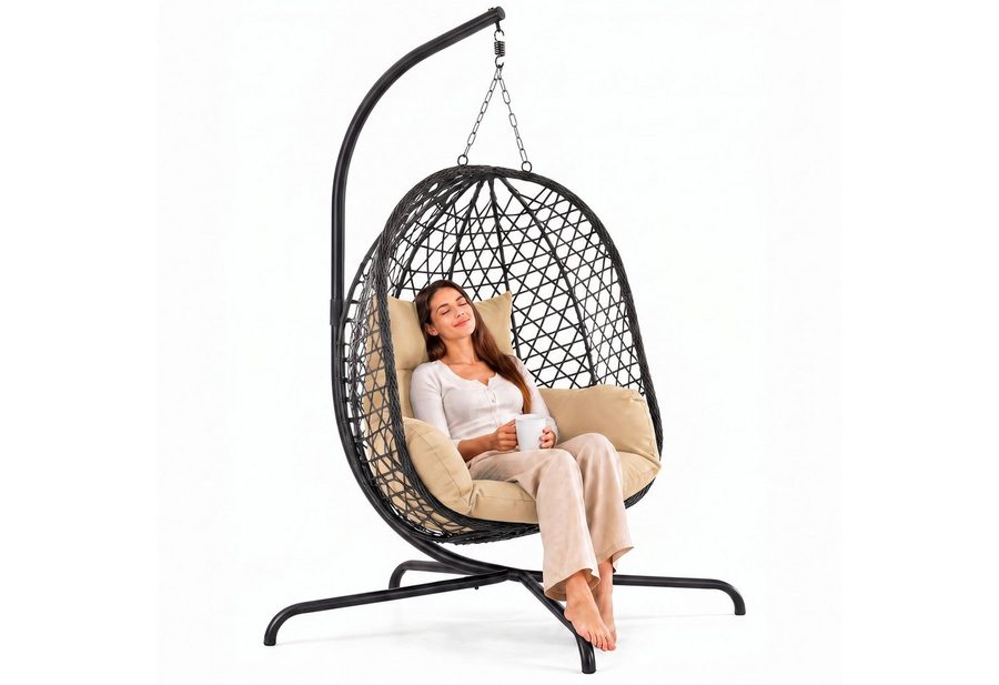 Goods+Gadgets Hängestuhl Polyrattan Hängestuhl mit Gestell und Kissen–Komfort für Innen & Außen (Hängekorb Sessel), Schwebeliege Rattan Outdoor & Indoor Relax Hängeliege von Goods+Gadgets