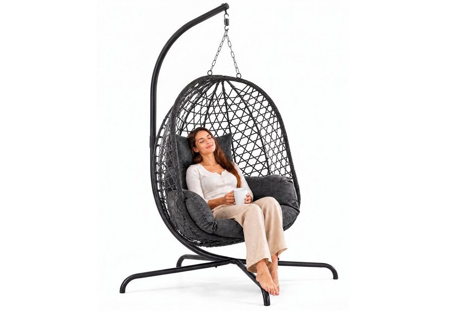 Goods+Gadgets Hängestuhl Polyrattan Hängestuhl mit Gestell und Kissen–Komfort für Innen & Außen (Hängekorb Sessel), Schwebeliege Rattan Outdoor & Indoor Relax Hängeliege von Goods+Gadgets