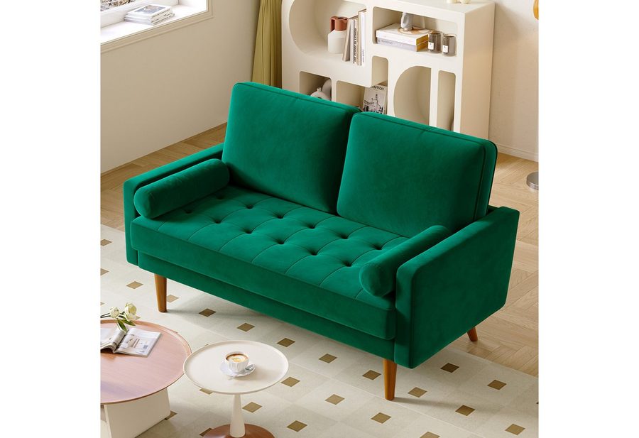 OUNUO Sofa 121cm Kleines Loveseat Sofa Couch aus Samt und Leinen mit 2 Zierkissen von OUNUO