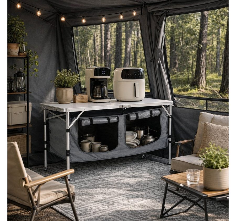 Sekey Campingtisch 120 cm Faltbar Campingtisch Höhenverstellbar Campingschrank Klappbar, Outdoor Campingküche mit Stauraum, inkl.Tragetasche 120 x 47 x 54–70cm von Sekey