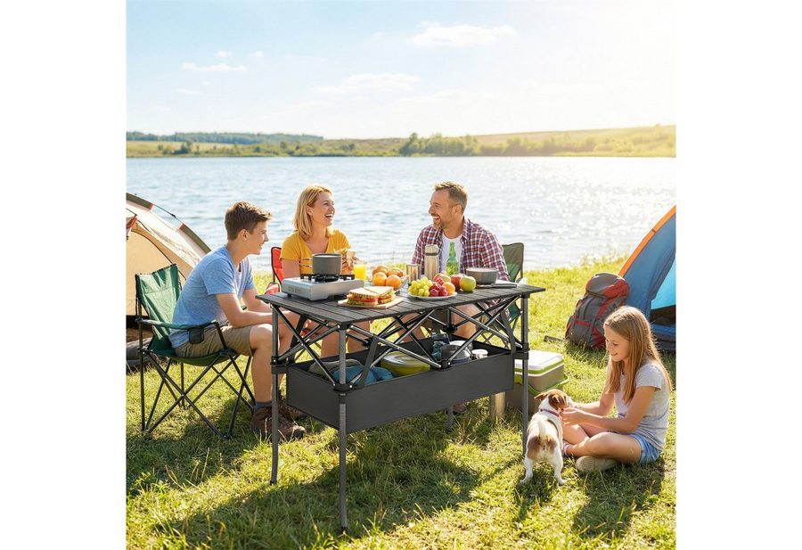 Outsunny Campingtisch Gartentisch Beistelltisch für Garten Balkon Camping Schwarz (Tisch, 1-St., Falttisch), Klappbar, Alu-Tischplatte, mit Netzfach von Outsunny