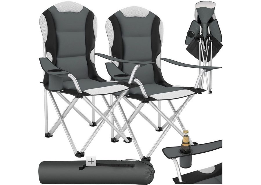 tectake Campingstuhl Gartenstuhl mit Polsterung, faltbar, 60 x 88 x 105 cm (Outdoor Klapptstuhl für Außen in Grau, 2 St), gepolstert, mit Getränkehalter, geringes Gewicht, inkl. Tragetasche von TECTAKE