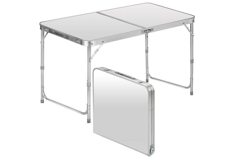 Goods+Gadgets Klapptisch Faltbarertisch - Campingtisch höhenverstellbar mit Aluminiumrahmen (Markttisch Tapeziertisch), Klappbarer Mehrzwecktisch - Klapp-Tisch Weiß von Goods+Gadgets
