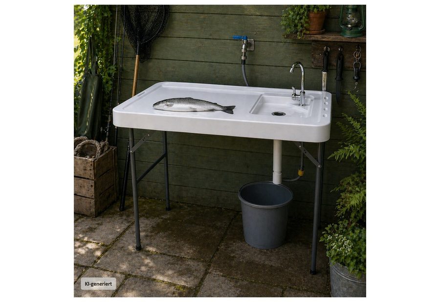 HTI-Living Campingtisch Fischreinigungstisch klappbarer Filetiertisch (Stück, 1-St., 1 Wasserhahnanschlussohr, 1 Galvanikwasserhahn, 1 Kanalisationsrohr), Campingspüle von HTI-Living