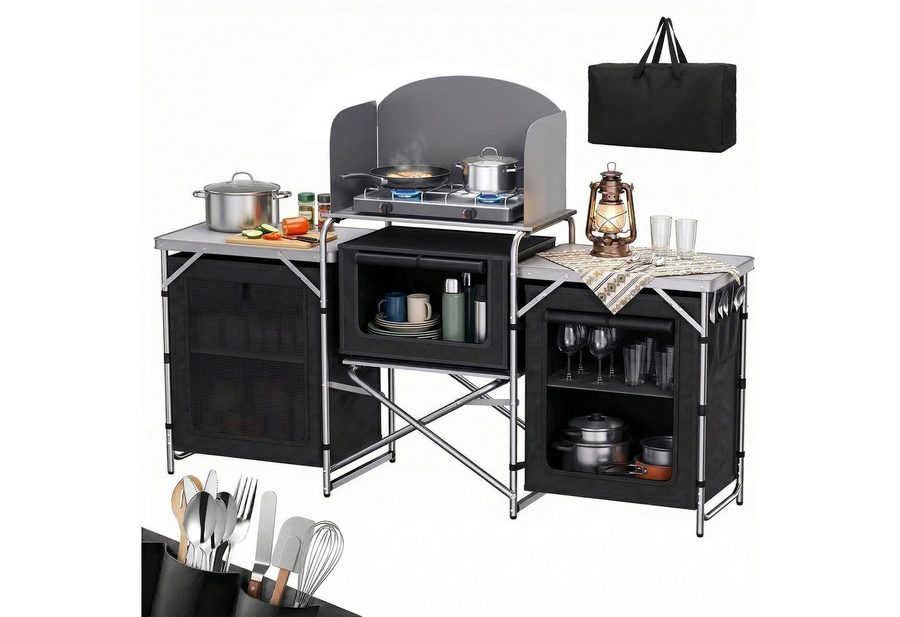 Sekey Campingtisch Klappbar Campingschrank XXL Faltbar Campingküche mit Aluminiumgestell, inkl. Windschutz und Tragetasche, mit Arbeitsplatte und 5 Staufächern von Sekey
