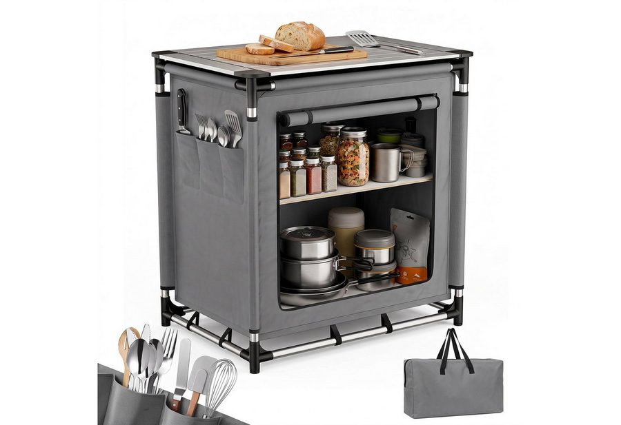 Sekey Campingschrank Faltbar Campingküche mit Aluminiumgestell und Aluminium-Arbeitsplatte Campingtisch mit 2 Fächern, leicht transportierbarer Reiseküche von Sekey