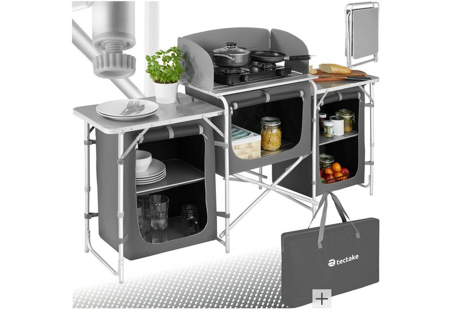tectake Campingtisch Campingküche XXL mit Aluminiumgestell und 5 Fächern (Outdoor küchenausstattung, 1-St., in Grad), Hitzebeständige Arbeitsplatte mit Windschutz von TECTAKE