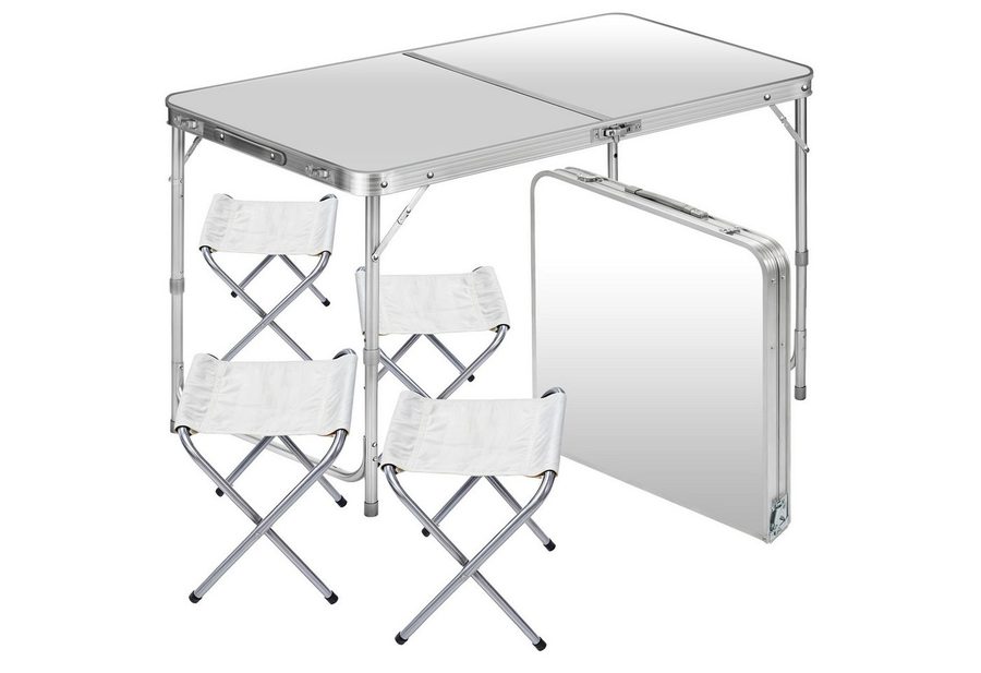 Goods+Gadgets Klapptisch Höhenverstellbarer Tisch Set mit 4 Stühlen Klapptisch Camping&Garten (Mehrzwecktisch, Campingtisch Markttisch), Multifunktionstisch mit 4 Stühlen - Weiß von Goods+Gadgets