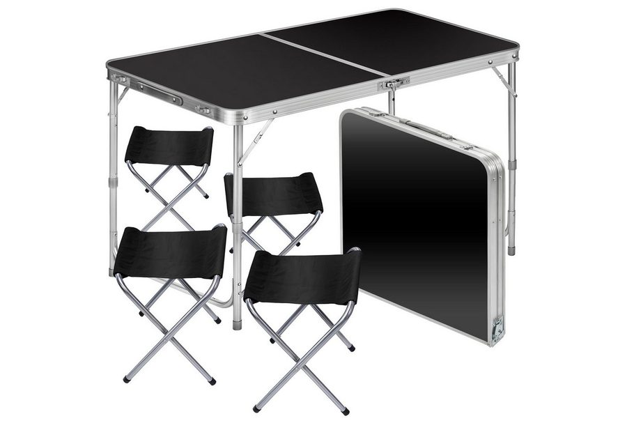 Goods+Gadgets Klapptisch Höhenverstellbarer Tisch Set mit 4 Stühlen Klapptisch Camping&Garten (Mehrzwecktisch, Campingtisch Markttisch), Multifunktionstisch mit 4 Stühlen - Schwarz von Goods+Gadgets