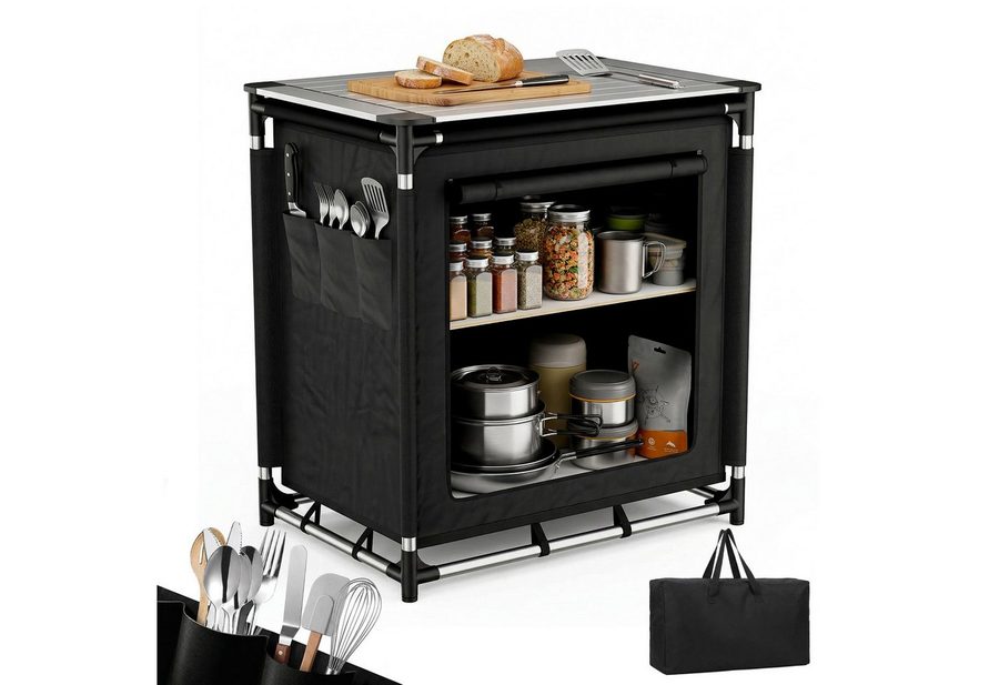Sekey Campingschrank Faltbar Campingküche mit Aluminiumgestell und Aluminium-Arbeitsplatte Campingtisch mit 2 Fächern, leicht transportierbarer Reiseküche von Sekey