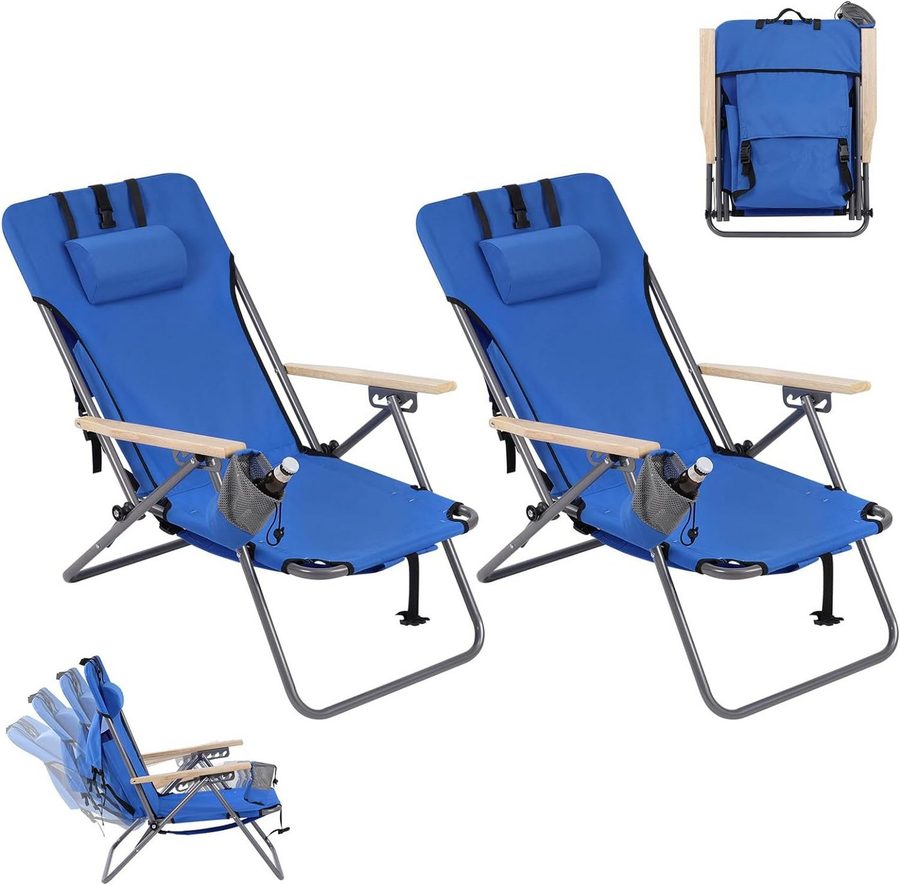 Woltu Campingstuhl (2 St), faltbar, 4-stufig-Rückenlehne Holzarmlehnen, mit Seitentasche von WOLTU