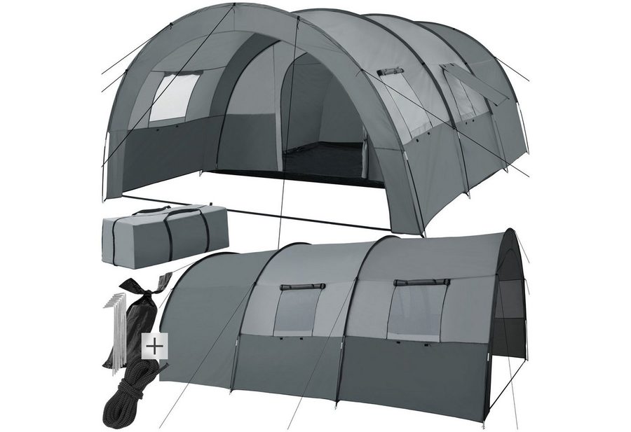 tectake Tunnelzelt Campingzelt Roskilde für 6 Personen, Personen: 6 (inklusive Spannseile, Heringe und Tragetasche, 350 x 480 x 195 cm), mit Vorzelt und Bodenplane, UV-Schutz 50+ von TECTAKE