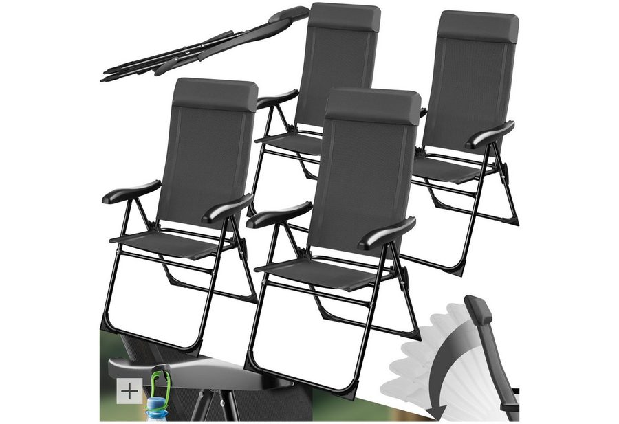 tectake Campingstuhl Faltbarer Aluminium Gartenstuhl mit Kopfpolster, 57 x 65 x 112 cm (Outdoor Klapptstuhl Müritz für Außen in Anthrazit, 4 St), Textilene-Gewebe, wetterfest und UV-beständig, Belastbarkeit 120 kg von TECTAKE