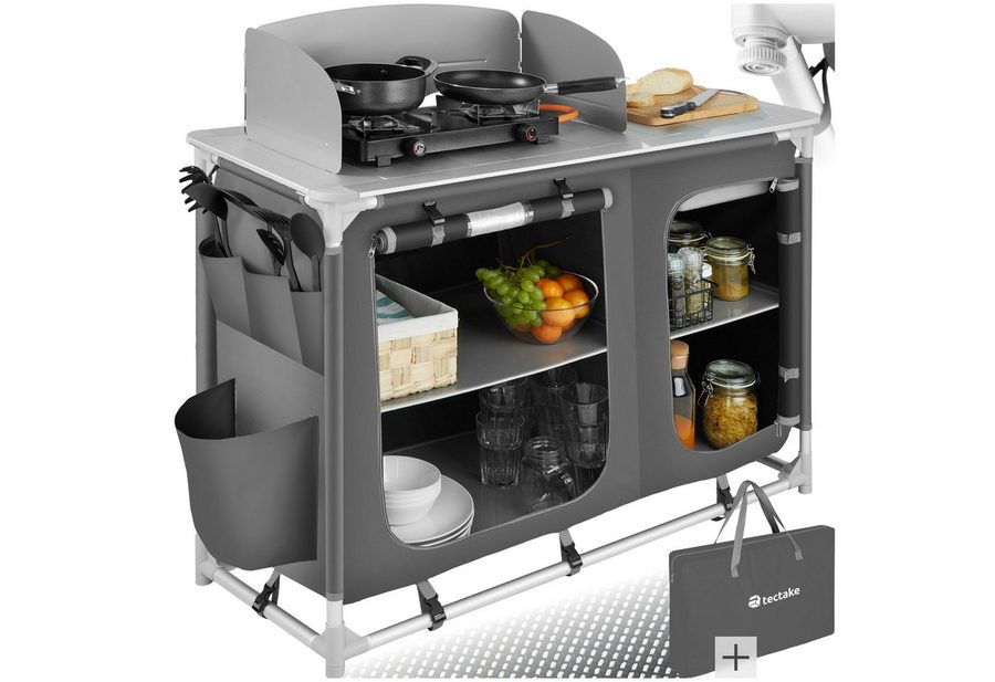 tectake Campingtisch Camping-Klapptisch, Maße: 116 x 52 x 107 cm, wetterbeständig (Outdoor-Tisch, 1-St., in grau), Faltbar, mit viel Stauraum, Windschutz und Spülbecken, mit Tragetasche von TECTAKE