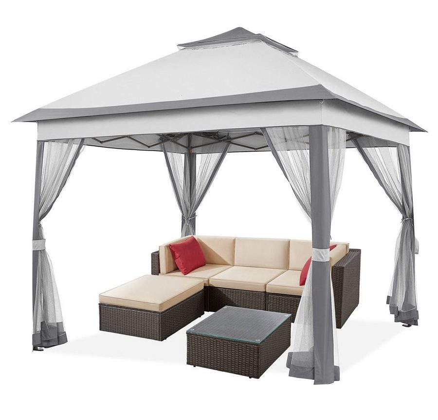 Yaheetech Faltpavillon Höhenverstellbarer Gartenpavillon mit Dach 3,3x3,3 m/ 4x4m, mit 4 Seitenteilen, Zelt mit Moskitonetz & Doppeldach & Tragetasche von Yaheetech