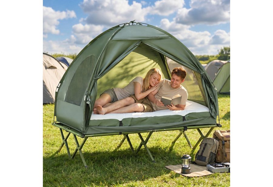 Outsunny Campingzelt Erhöhtes Campingbett Kuppelzelt Luftmatratze mit Pumpe von Outsunny