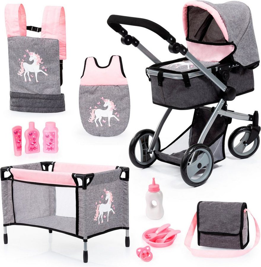 Bayer Puppenwagen Mega grau/rosa, (Set), mit Reisebett, Schlafsack, Wickeltasche und Zubehör von Bayer