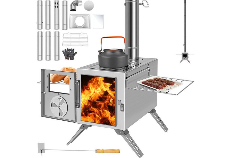 Meulbaty Feuerstelle Heißer Zeltofen, Camping-Holzofen für Zelt, tragbarer Holzofen, (1-St), aus Edelstahl, mit 7 Kaminrohren für Wandzelt-Camping, Kochen von Meulbaty