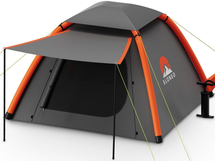 ELONEO aufblasbares Zelt mit Vordach & Luftpumpe, 1-4 Personen, Camping Zelt, Luftzelt, Personen: 4, Familienzelt, wasserdicht, ultraleicht, mit Outdoor Licht/LED Lampe von ELONEO