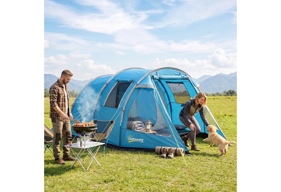Outsunny Tunnelzelt für 4 Personen Campingzelt mit Zwei Räumen UV-Schutz Blau von Outsunny