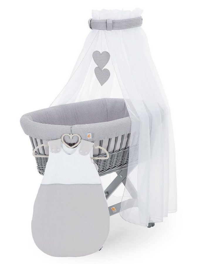 FabiMax Stubenwagen grau lackiert, Komplettset, Musselin & Waffelpiqué, Inkl. Matratze, Nestchen & Schlafsack von FabiMax