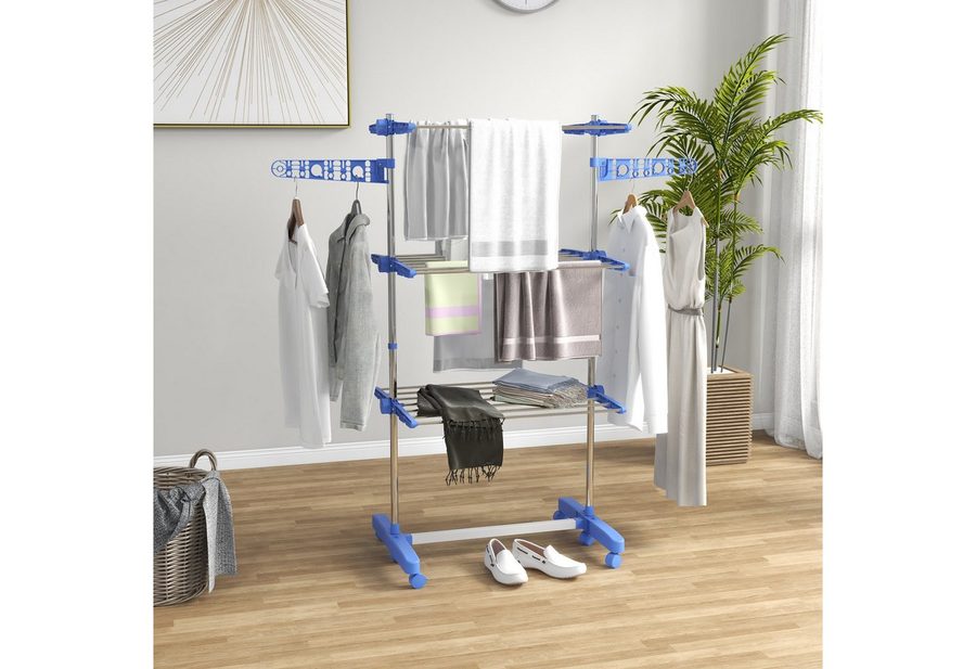 HOMCOM Mobiler Wäscheständer Wäschetrockner-Turm Seitenflügel auf 3/4 Ebenen Blau von HOMCOM