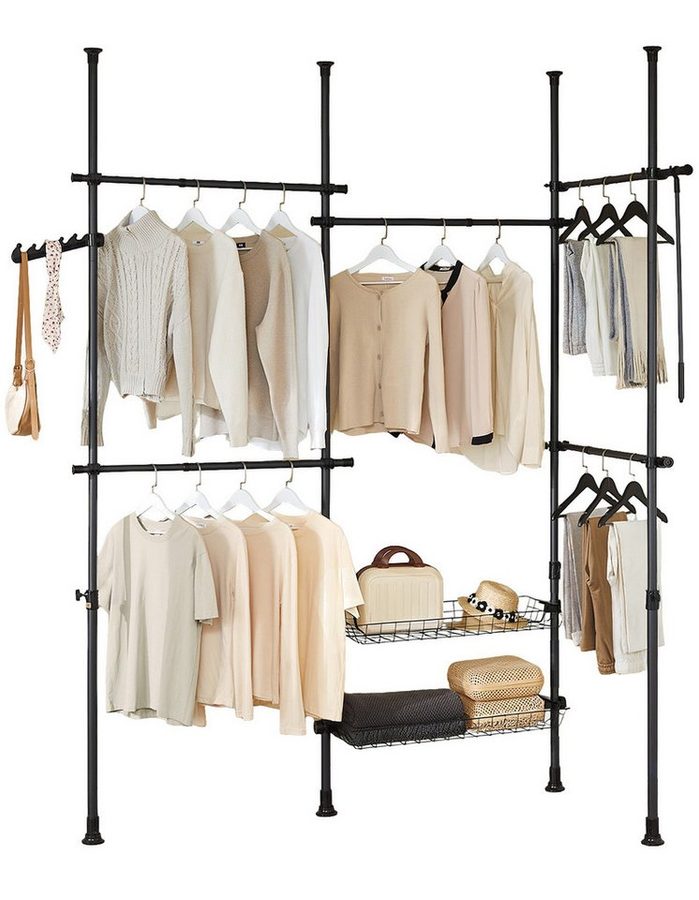 SoBuy Garderobenständer KLS04, Teleskop Kleiderständer, offener Kleiderschrank verstellbar, Garderobenständer mit Kleiderstange, Schuhablage, Schlafzimmer, Flur von SoBuy