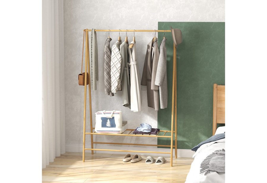 HOMCOM Garderobenständer Kleiderstange, Garderobe aus Bambus, Ausstellungen, Waschküche, (Kleiderbügel, 1 St., Kleiderständer), für Flur, Wohnzimmer Schlafzimmer, 116 x 43,5 x 160 cm, Naturholz von HOMCOM