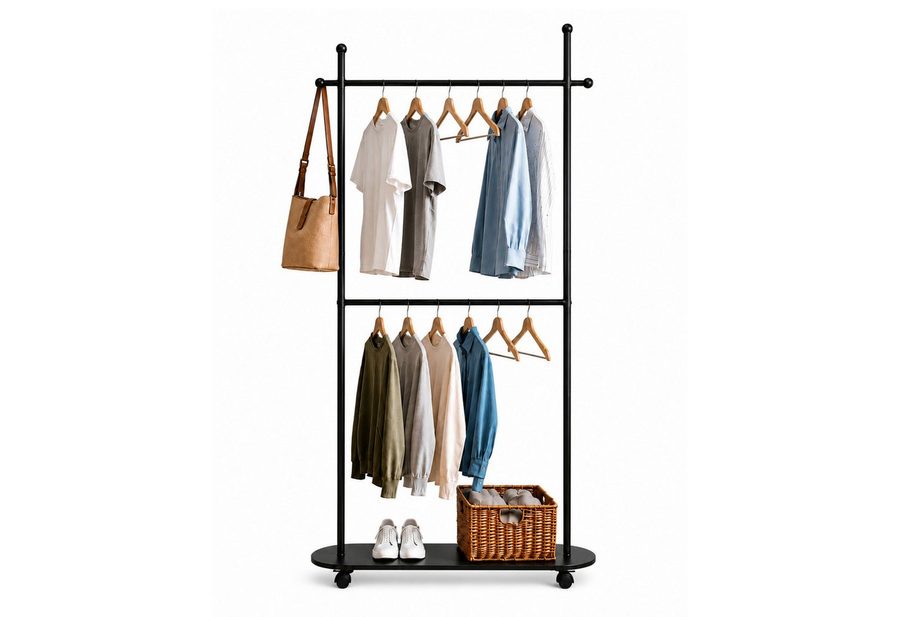 JOYOLEDER Garderobenständer Kleiderständer Doppelt, Metall Kleiderstange auf Rollen Stabil, (Mobile Garderobenständer für Mäntel, Hemden) von JOYOLEDER