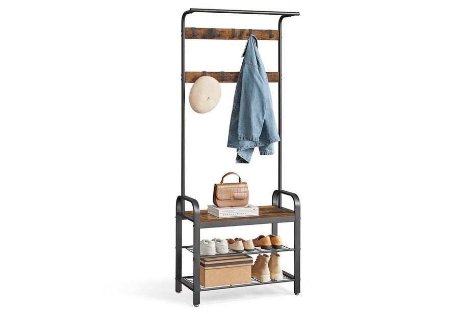 VASAGLE Garderobenständer Garderobe, mit Schuhbank, Kleiderstange und 9 abnehmbaren Haken von VASAGLE