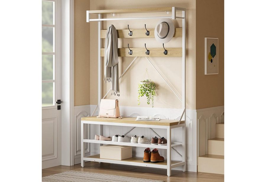 GarveeMore Garderobenständer 4-in-1 mit Sitzbank,3 Etagen Ablage und 8 Haken,183cm, mit Schuhbank,verstellbare Füße,Kleiderstange,101x40x183cm von GarveeMore