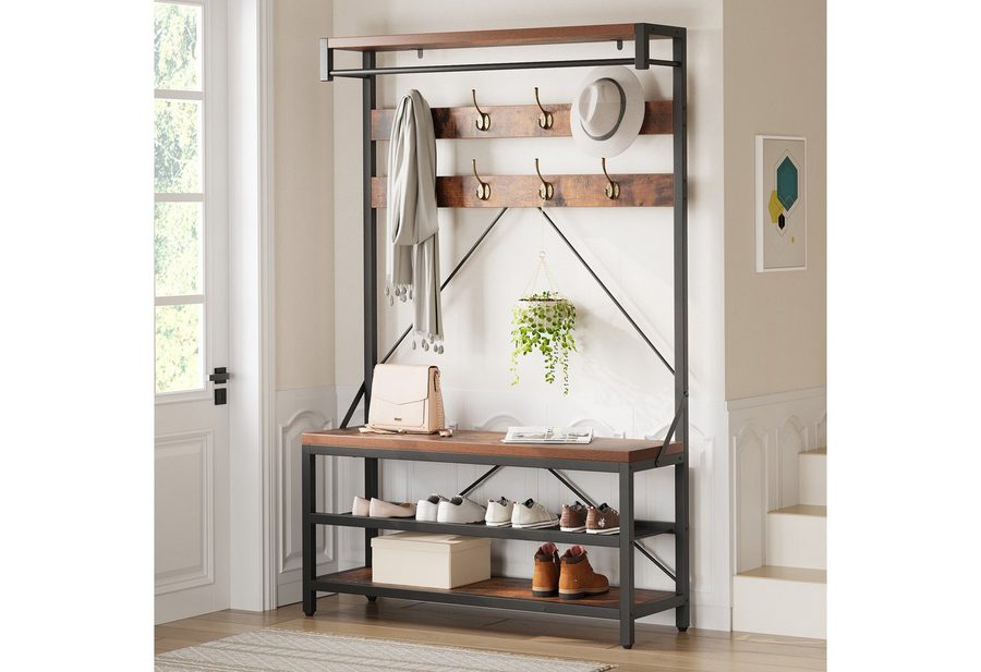 GarveeMore Garderobenständer 4-in-1 mit Sitzbank,3 Etagen Ablage und 8 Haken,183cm, mit Schuhbank,verstellbare Füße,Kleiderstange,101x40x183cm von GarveeMore