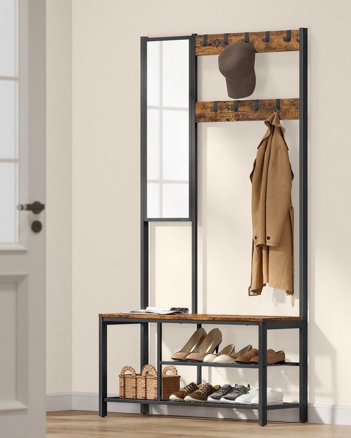 VASAGLE Garderobenständer Garderobe mit Haken, Kleiderständer mit Spiegel, Schuhbank und Ablagen, 36 x 98 x 185 cm, für Flur, Schlafzimmer, Wohnzimmer von VASAGLE