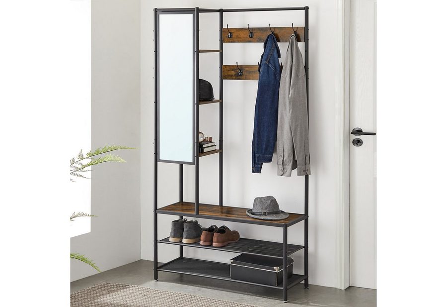 VASAGLE Garderobenständer Schuhbank, 35 x 98 x 182 cm, für Flur, Industrie-Design, mit Kleiderhaken von VASAGLE
