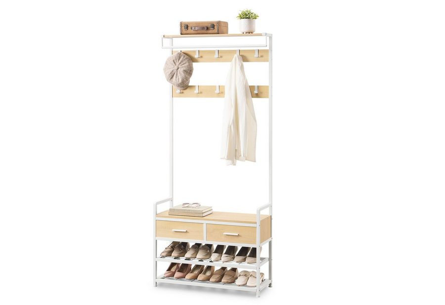 VASAGLE Garderobenständer Garderobe mit Schuhbank, mit Haken und offenen Fächern, 2 Schubladen aus Stoff von VASAGLE