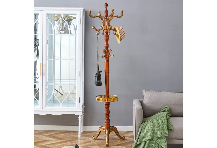 JUFU Garderobenständer aus massivem Buchenholz im klassischen Stil, 195 cm hoch, (1 St), mit Metallablage, abgerundeten Haken & stabilem Dreibein von JUFU